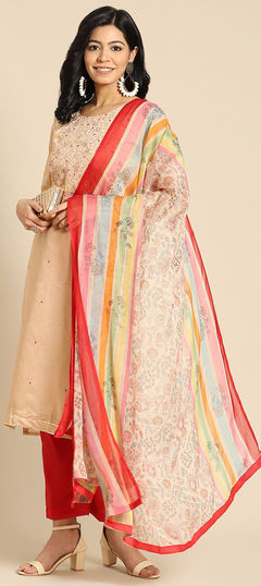 Beige and Brown color Salwar Kameez in Cotton fabric with Embroidered, Printed, Thread work