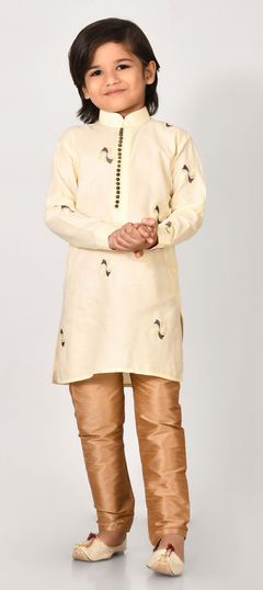 Beige and Brown color Boys Kurta Pyjama in Cotton fabric with Embroidered, Resham work : 1776568