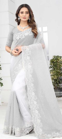 White and Off White color Saree in Net fabric with Embroidered, Stone, Thread work