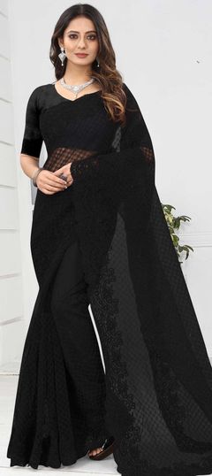 Black and Grey color Saree in Net fabric with Embroidered, Stone, Thread work