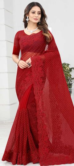 Red and Maroon color Saree in Net fabric with Embroidered, Stone, Thread work