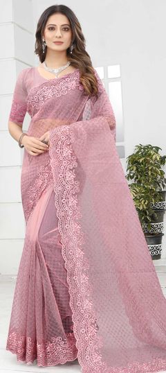 Pink and Majenta color Saree in Net fabric with Embroidered, Stone, Thread work