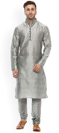 Black and Grey color Kurta Pyjamas in Dupion Silk fabric with Thread work