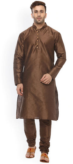 Beige and Brown color Kurta Pyjamas in Dupion Silk fabric with Thread work