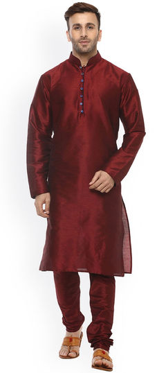 Red and Maroon color Kurta Pyjamas in Dupion Silk fabric with Thread work