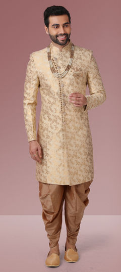 Gold color IndoWestern Dress in Jacquard fabric with Broches, Weaving work