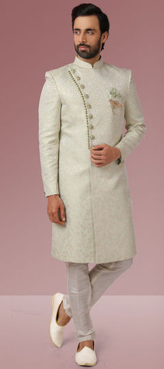 Green color IndoWestern Dress in Jacquard fabric with Broches, Weaving work