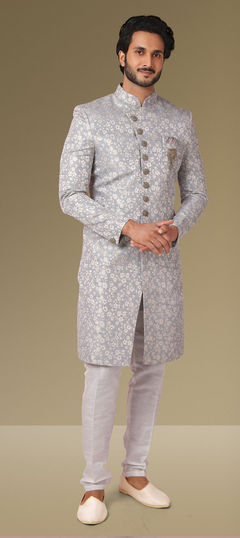 Black and Grey color IndoWestern Dress in Jacquard fabric with Broches, Weaving work