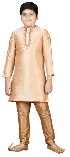 Gold color Boys Kurta Pyjama in Art Silk fabric with Thread, Zari work : 1777014