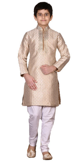 Beige and Brown color Boys Kurta Pyjama in Art Silk fabric with Printed, Thread, Zari work : 1777018