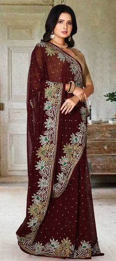 Red and Maroon color Saree in Georgette fabric with Cut Dana, Stone, Thread work