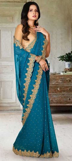 Blue color Saree in Georgette fabric with Cut Dana, Thread work