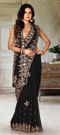 Black and Grey color Saree in Georgette fabric with Cut Dana, Stone, Thread work