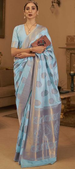 Blue color Saree in Art Silk, Silk fabric with Weaving work