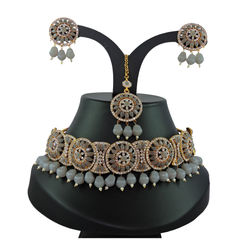 Gold Rodium Polish Black and Grey color Necklace in Metal Alloy studded with CZ Diamond, Pearl