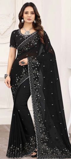 Black and Grey color Saree in Georgette fabric with Embroidered, Resham, Stone, Thread, Zari work