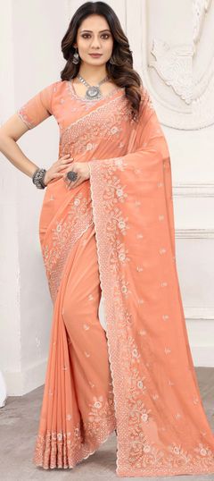 Pink and Majenta color Saree in Georgette fabric with Embroidered, Resham, Stone, Thread, Zari work