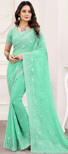 Green color Saree in Georgette fabric with Embroidered, Resham, Stone, Thread, Zari work