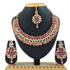 Gold Rodium Polish Pink and Majenta color Necklace in Metal Alloy studded with CZ Diamond