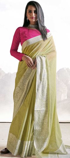 Green color Saree in Linen fabric with Weaving work