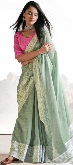 Green color Saree in Linen fabric with Weaving work