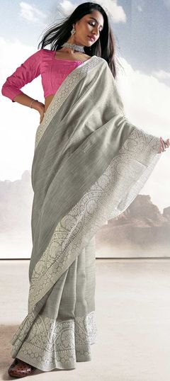 Black and Grey color Saree in Linen fabric with Weaving work