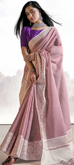 Pink and Majenta color Saree in Linen fabric with Weaving work