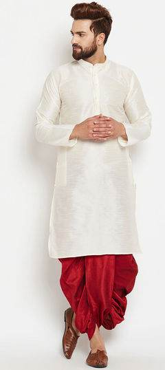 White and Off White color Dhoti Kurta in Dupion Silk fabric with Thread work