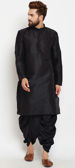 Black and Grey color Dhoti Kurta in Dupion Silk fabric with Thread work