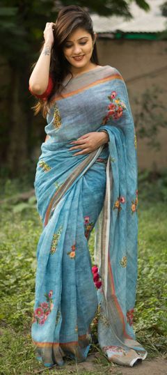 Blue color Saree in Cotton fabric with Floral, Printed work