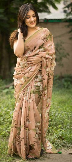 Beige and Brown color Saree in Cotton fabric with Floral, Printed work