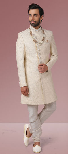 Beige and Brown color Sherwani in Banarasi Silk fabric with Embroidered, Thread work