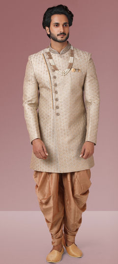Beige and Brown color Sherwani in Banarasi Silk fabric with Embroidered, Thread work