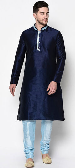 Blue color Kurta Pyjamas in Dupion Silk fabric with Thread work