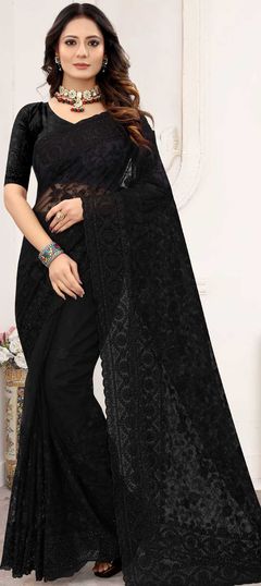 Black and Grey color Saree in Net fabric with Embroidered, Moti, Resham, Stone work