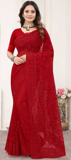 Red and Maroon color Saree in Net fabric with Embroidered, Moti, Resham, Stone work