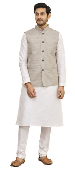 Beige and Brown color Kurta Pyjama with Jacket in Silk fabric with Thread work