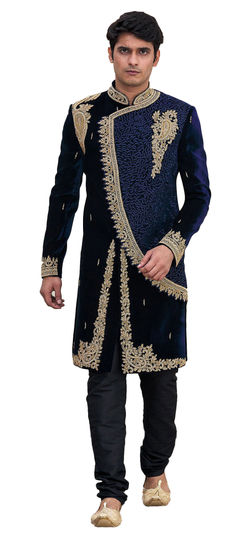 Blue color Sherwani in Velvet fabric with Bugle Beads, Embroidered, Resham, Stone, Thread work