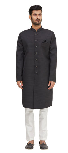 Black and Grey color Sherwani in Silk fabric with Thread work