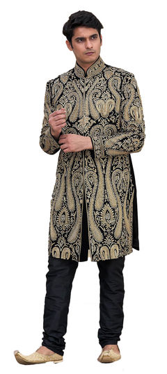 Black and Grey color Sherwani in Velvet fabric with Stone, Zardozi work