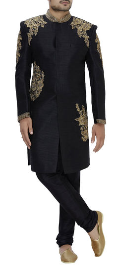 Black and Grey color Sherwani in Silk fabric with Stone, Zardozi work