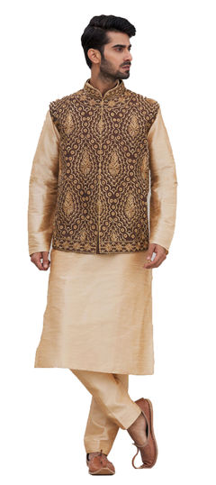 Gold color Kurta Pyjama with Jacket in Silk fabric with Embroidered, Stone, Thread, Zari work