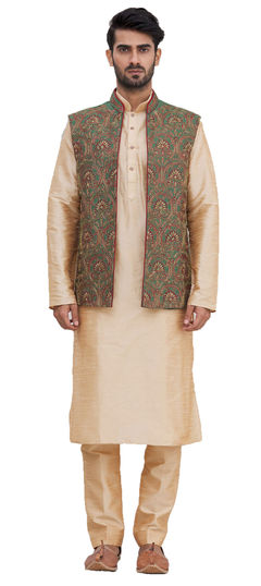 Gold color Kurta Pyjama with Jacket in Silk fabric with Embroidered, Resham, Thread work