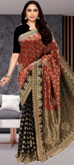 Black and Grey, Red and Maroon color Saree in Art Silk, Kanchipuram Silk, Silk fabric with Stone, Thread, Weaving work