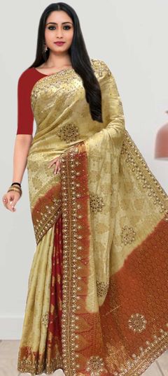 Beige and Brown, Red and Maroon color Saree in Kanchipuram Silk, Silk fabric with Stone, Thread, Weaving work