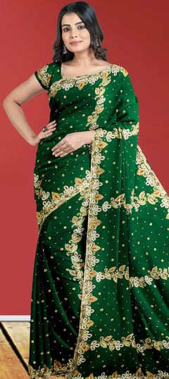 Green color Saree in Georgette fabric with Stone, Thread work