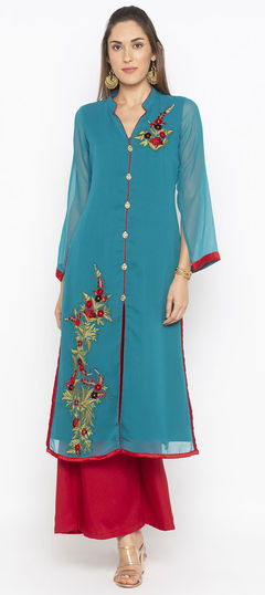 Blue color Tunic with Bottom in Georgette fabric with Embroidered, Patch, Thread work