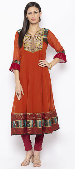 Orange color Tunic with Bottom in Georgette fabric with Border, Embroidered, Patch, Thread work