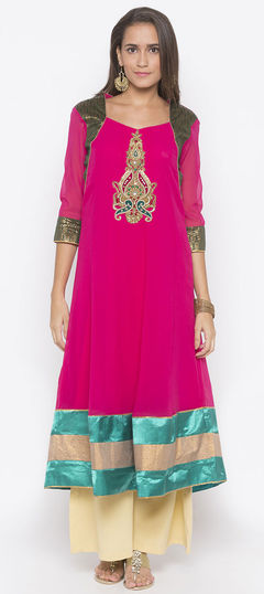 Pink and Majenta color Tunic with Bottom in Georgette fabric with Bugle Beads, Lace, Patch, Sequence, Thread work