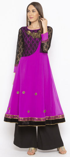 Pink and Majenta color Tunic with Bottom in Georgette fabric with Cut Dana, Patch, Sequence work